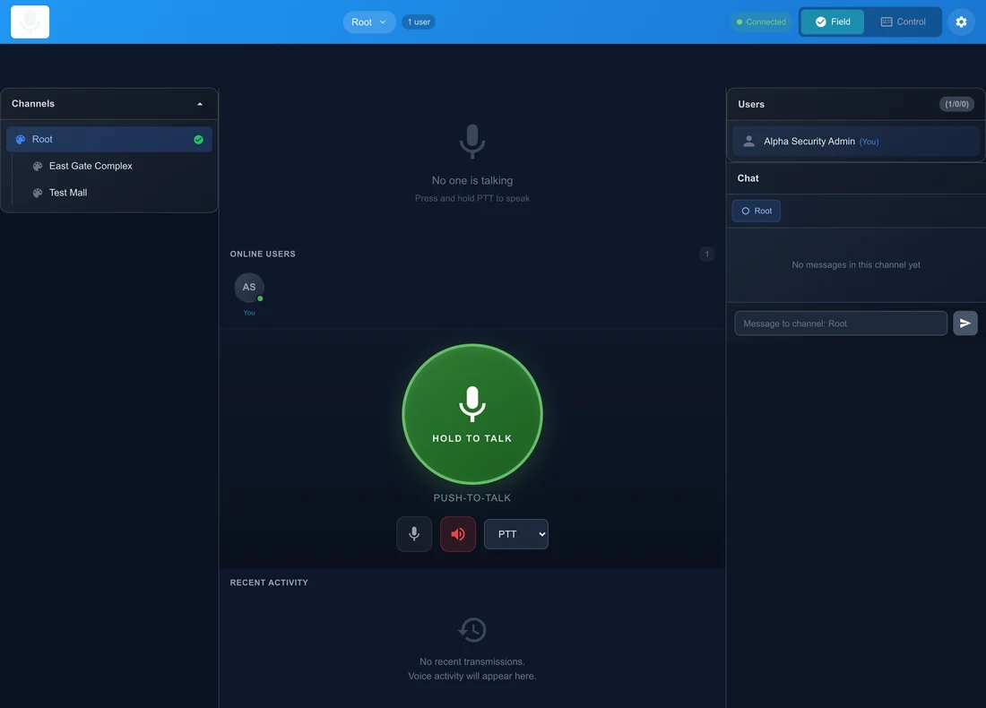 Guardrol control room dashboard with live guard locations on a map, push-to-talk radio channels and active site status
