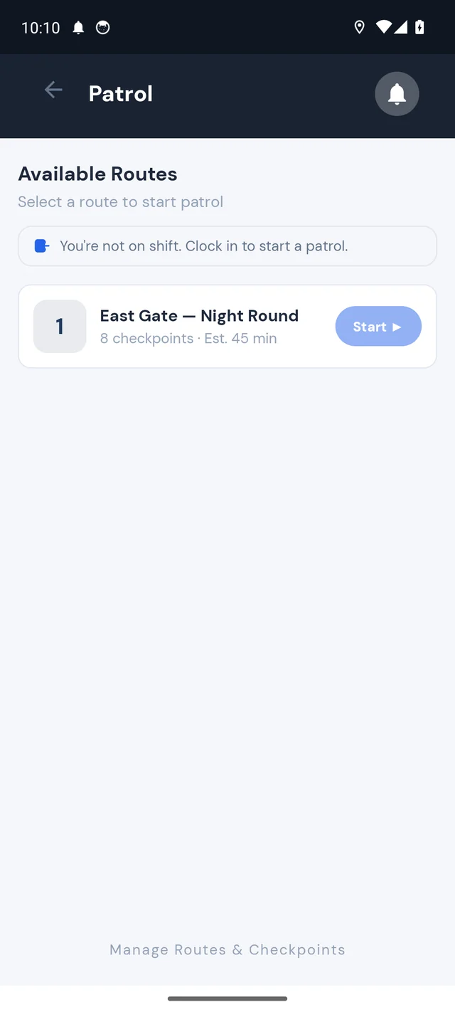 Guardrol guard tour app showing the East Gate night round with eight GPS checkpoints and live completion status