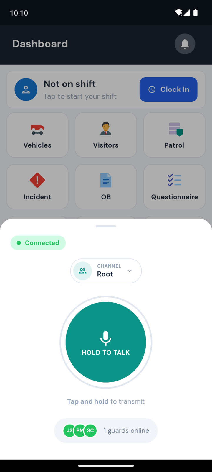 The Guardrol guard app on a managed Android phone with push-to-talk open: connected to the Root channel, a hold-to-talk button and other guards shown online — the same live channel the control room runs on